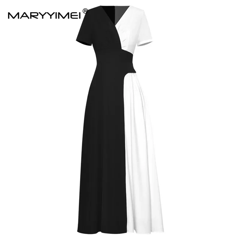 

MARYYIMEI Summer Women's Fashion Designer dress Short sleeved V-neck Elegant Black white contrasting color Dresses