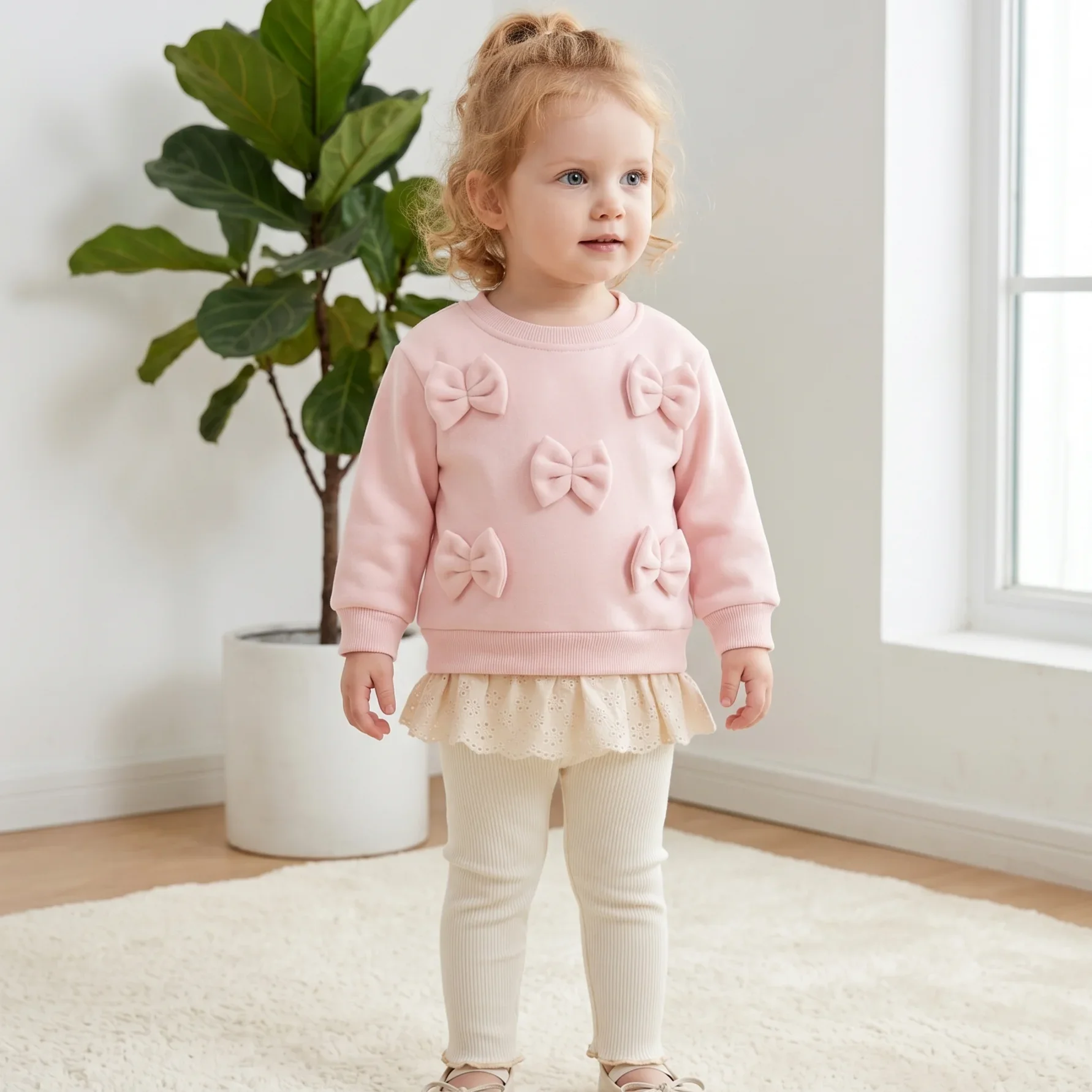 Autumn Toddler Baby Girls Outfit 3D Bow Decoration Lace Hem Long Sleeve Sweatshirt Elastic Waist Pants Spring Baby Cotton Sets