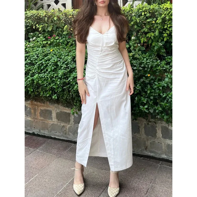 Elegante abito midi bianco con camicetta da donna con design a fessura increspato Estate 2025 Abito tubino casual chic per le vacanze