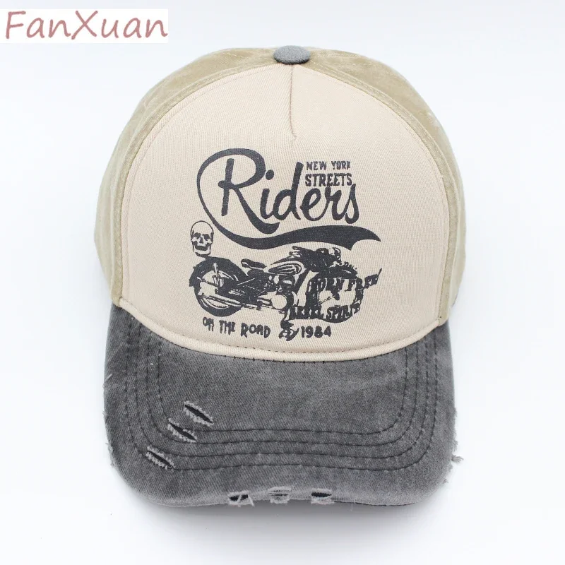 

Washed Cotton Baseball Cap for Women Fitted Snapback Hats for Men Motorcycle Print Hip Hop Men's Summer Cap