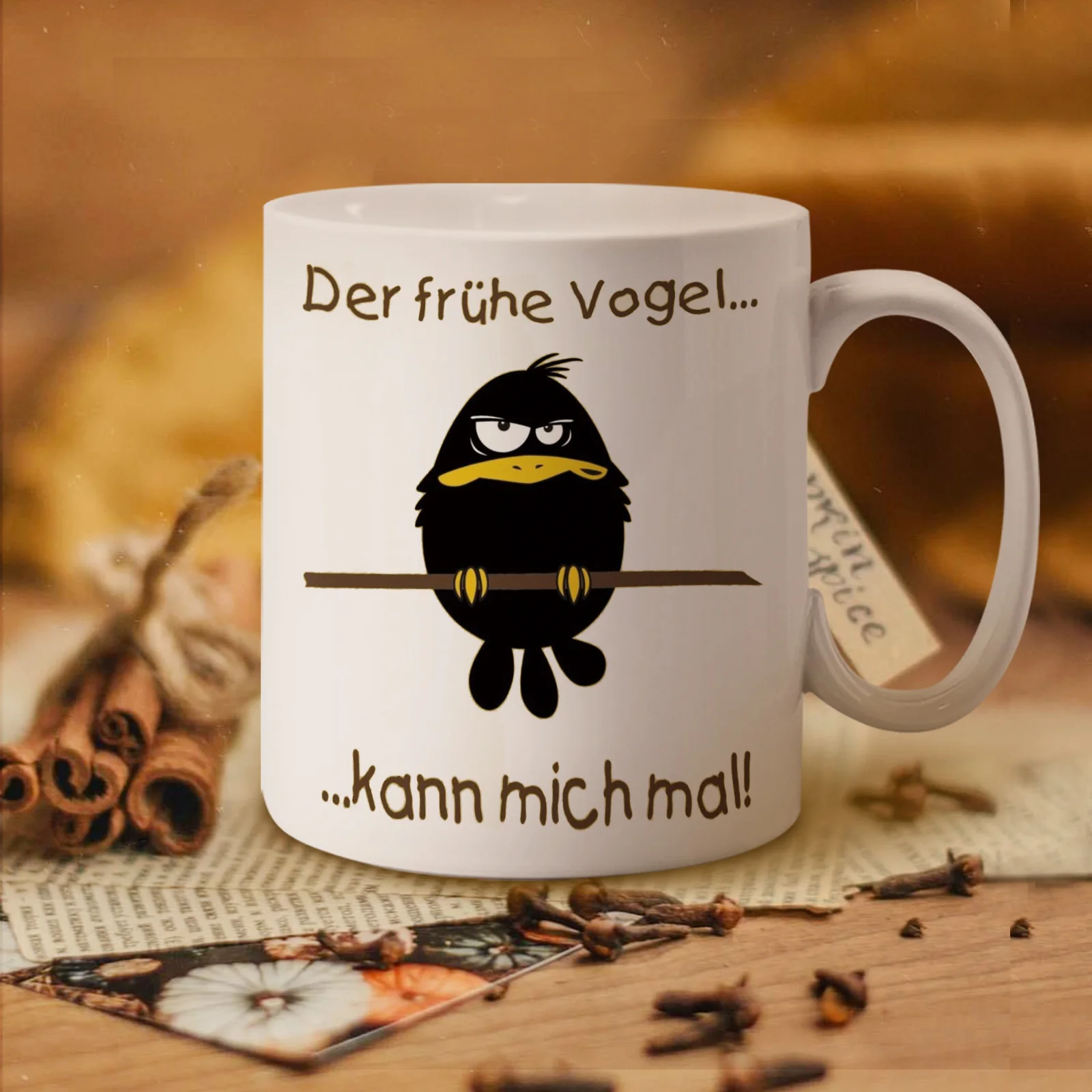 

1-Pack German Black & White Ceramic Mug 11oz with Humorous German Quote & Cartoon Bird Design - Reusable Coffee Cup for Home, Ki