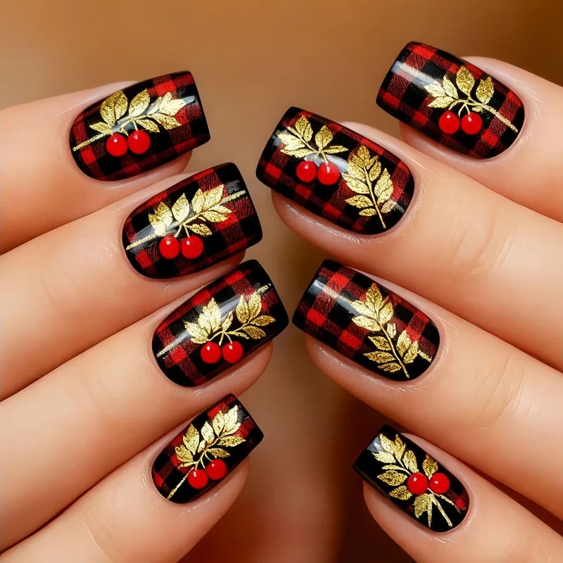 

24PCS False Nails Red Striped Gold Leaves Mid Length European Square Coffin Press on Nails Fashion Removable Manicure Fake Nails