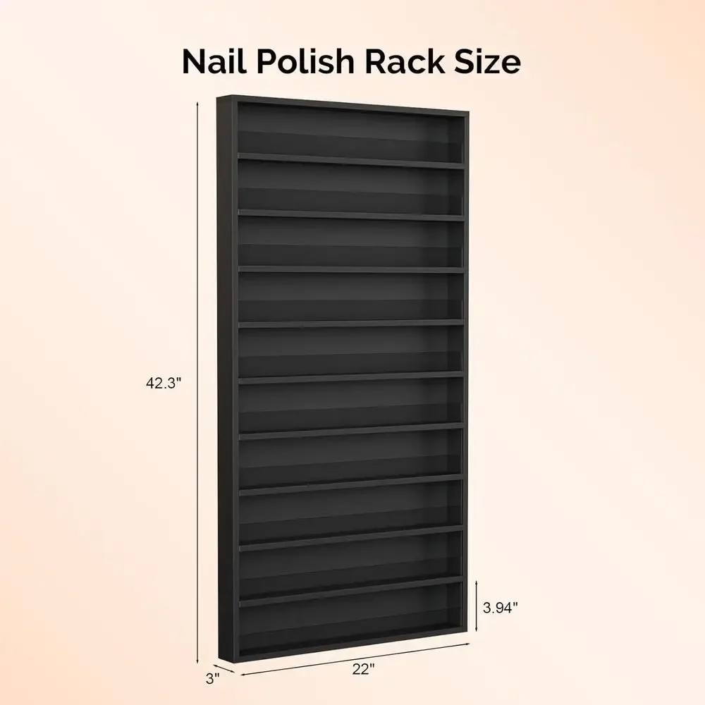 10-Tier Wooden Nail Polish Wall Mount Organizer - Holds 200 Bottles, Acrylic Barrier, Ideal for Home Spa & Nail Studio