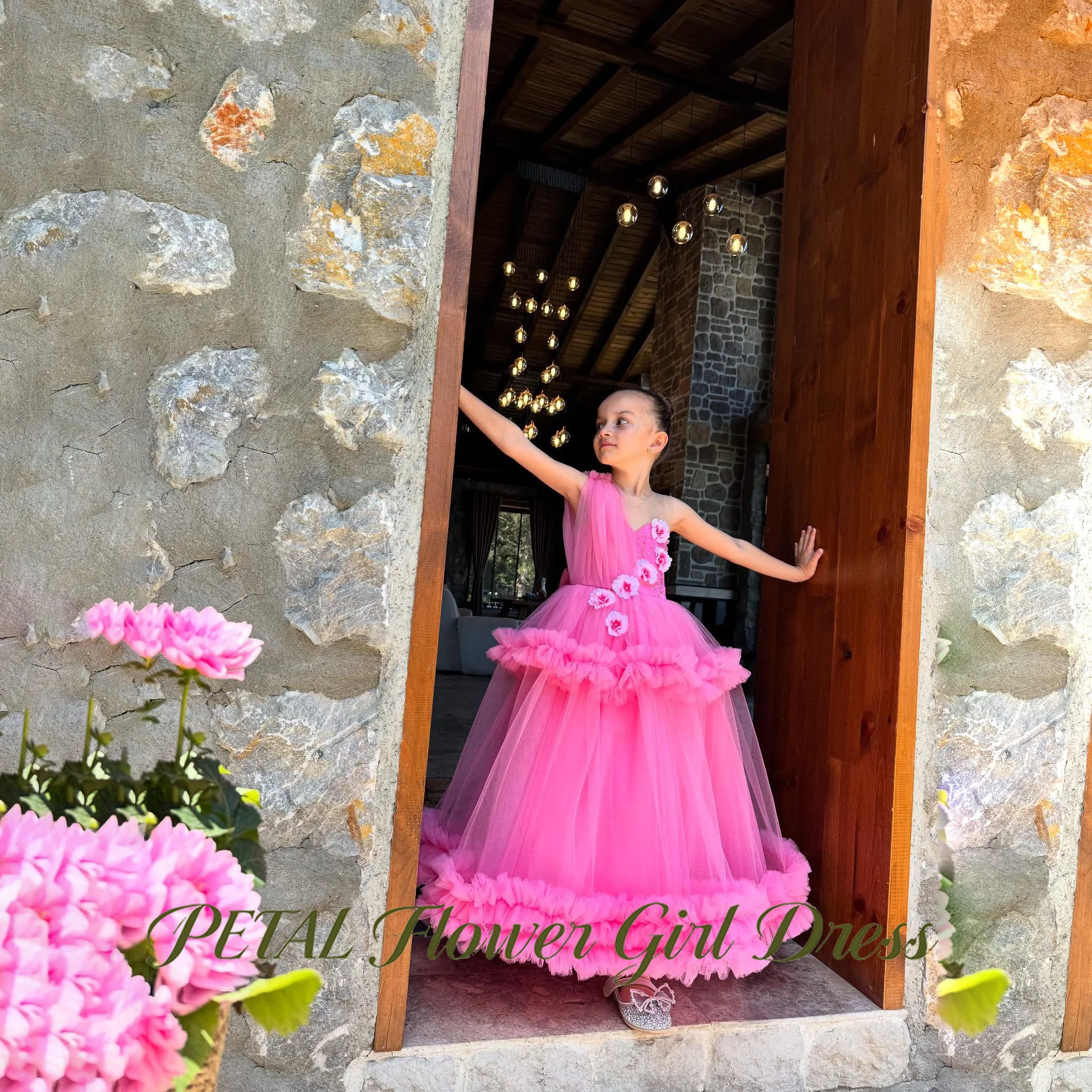

Petal Bright Pink Kids Birthday Party Dress with Girls 3D Flowers One Shoulder Party Dress Girls Princess Dress Customiz