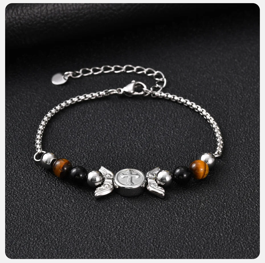 Vnox Kreuzflügel Tigerauge Schwarzer Onyx Perlenarmband für Männer und Jungen, Edelstahl-Kastenkette, Verstellbarer Religiöser Schmuck Geschenk – Detail 6