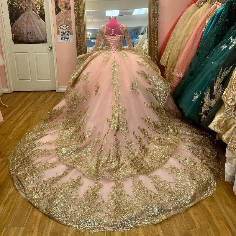 Robe de Quinceanera à manches longues avec appliques dorées roses, robe de Rhéducative, robe de Rhformelle, train de cour, 15 ans, fête d'anniversaire