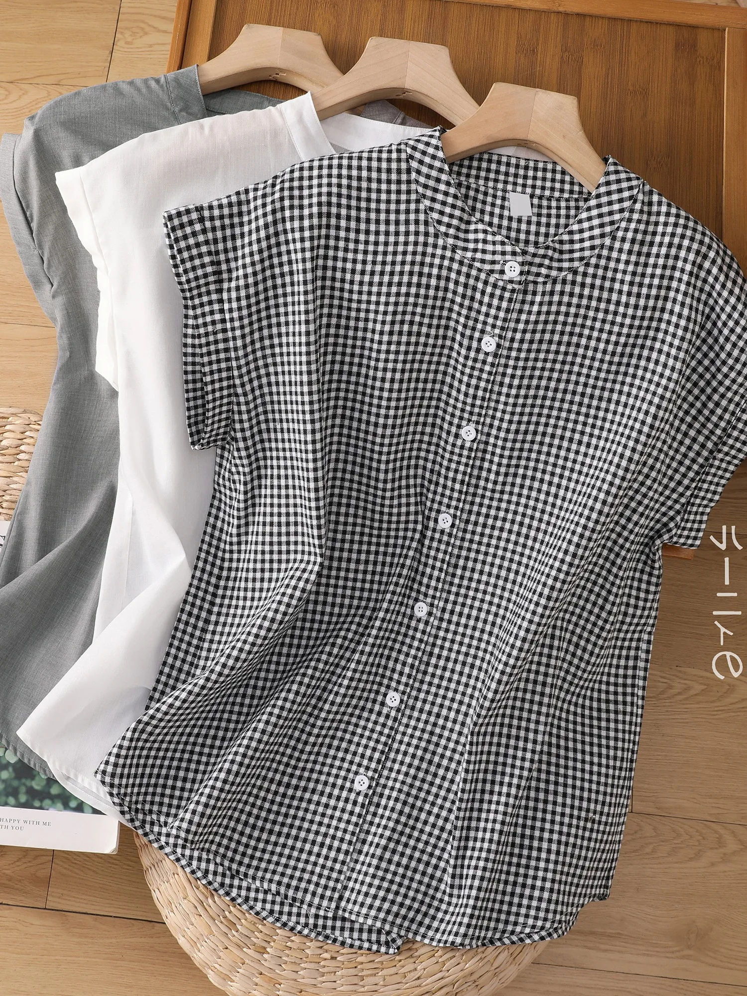 Retro Plaid Baumwolle Leinen Svel irt Frauen Sommer Casual Große Größe Stehkragen Abnehmen Mom Kleine Top Dünne