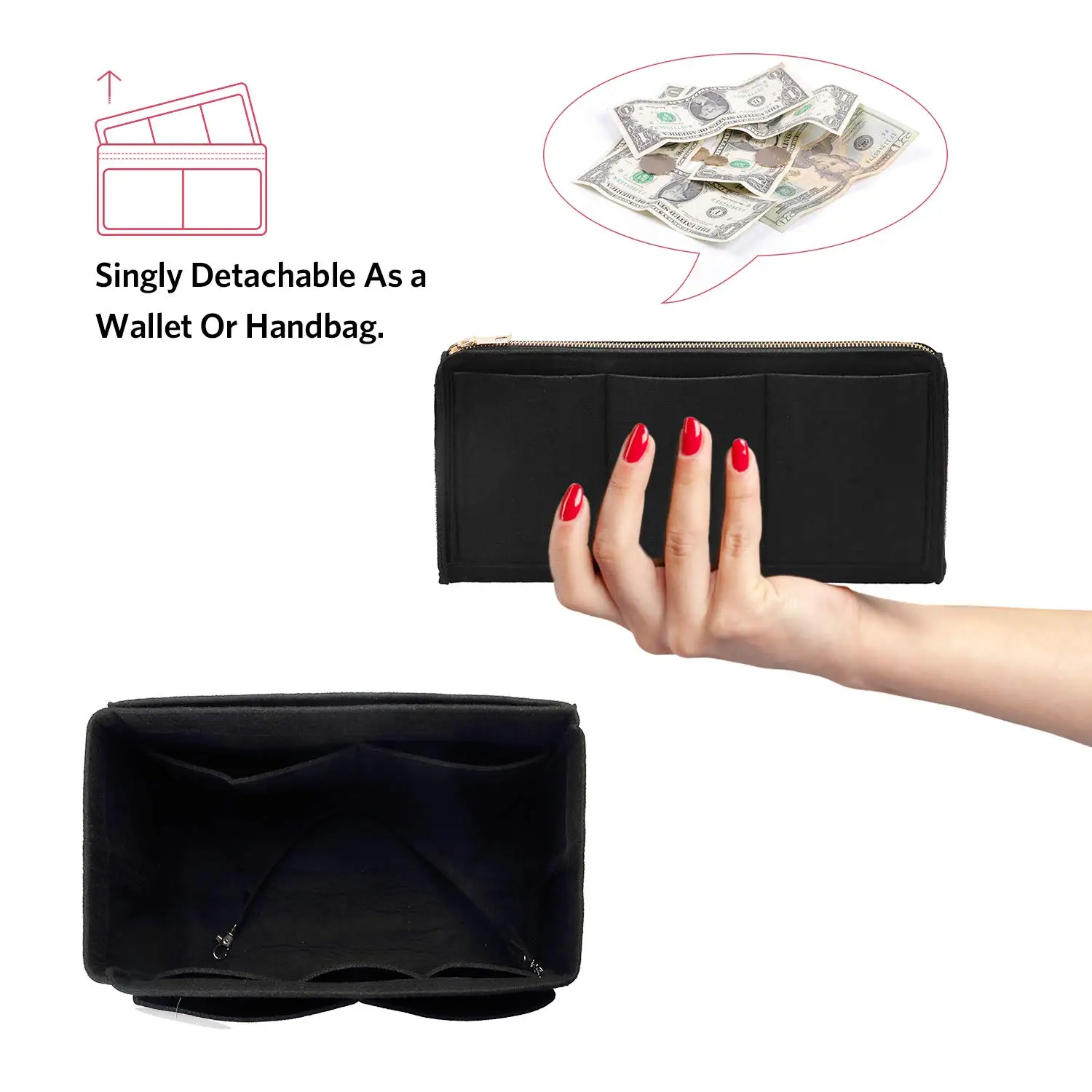 Felt Purse Organizer Insert - Travel Tote Bag Divider with Zipper, Handbag Insert for Longchamp, Neverfull, Speedy & More