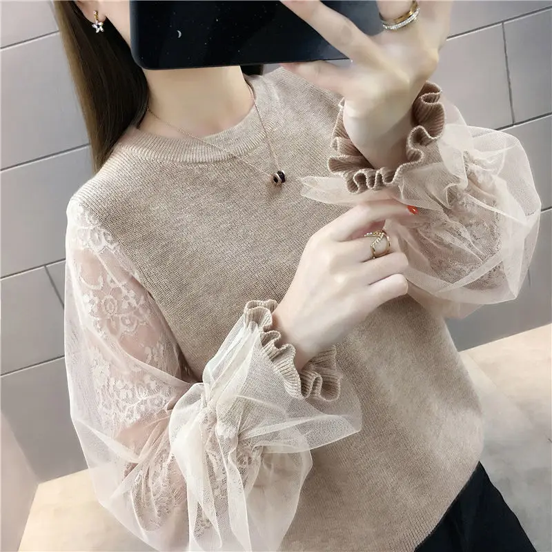 Sweet O-Neck Spliced Loose Ruffles Gauze Lace Blouse Female Clothing 2024 Spring New Casual Pullovers Lantern Sleeve Chic Shirt