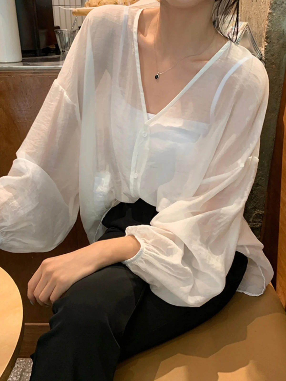 قميص نسائي فضفاض بأكمام طويلة على الطراز الصيني الجديد، رقبة على شكل حرف v، أكمام واسعة، حماية من الشمس، نمط عصري للتنقل #4