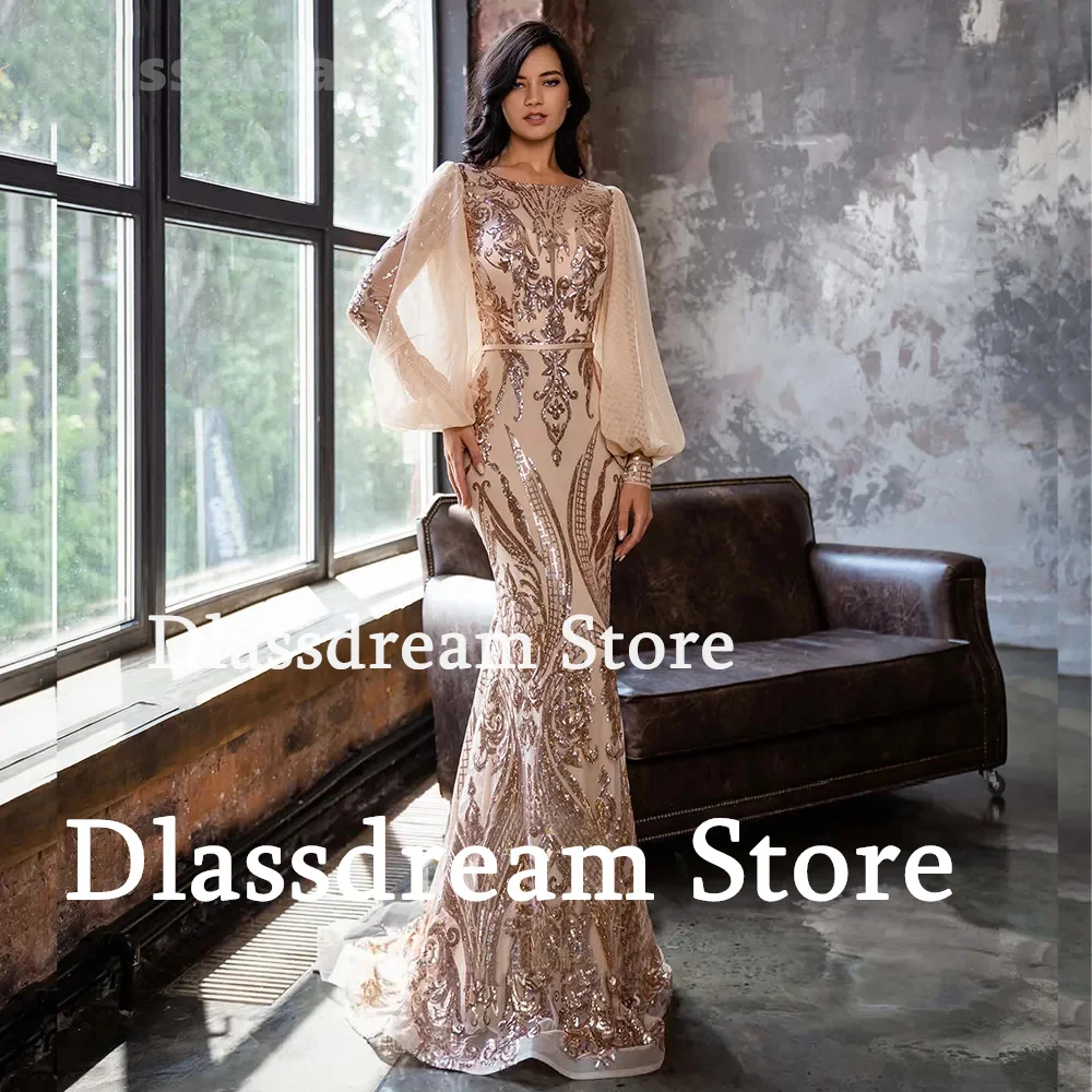 New Luxury Formal Evening Dress For Women O-Neck Long Sleeves Mermaid Lace Appliques Prom Dress Floor-Length Wedding Party Dress