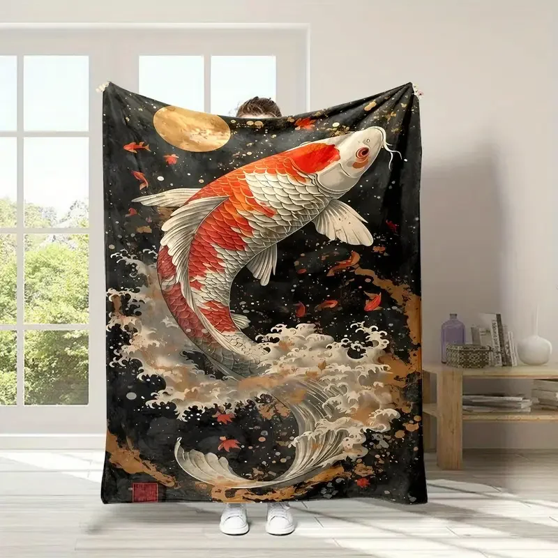 

Мягкое и милое фланелевое одеяло с рисунком кои, подходящее для постельного белья, офиса, дома, кемпинга, согрева, дивана, кровати, Рождества, Хэллоуина