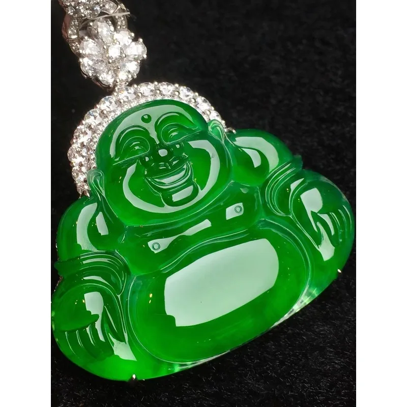 Natural ice jadeite , genuine Burmese imperial green laughing , positive energy jade Buddha pendant