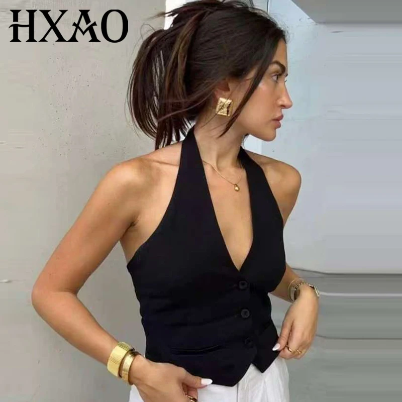 

HXAO Women's Crop Halter Vest Black White Grey Outerwears Sexy Off Shoulder Sleeveless Waistcoat Button Backless Waistcoat Women