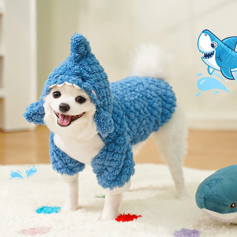 

2-legged Design Cute Shark Cosplay Dog Clothes Winter Thickened Warm Fleece Pet Hoodie for Puppy Cat Small Dog Winter Pajamas