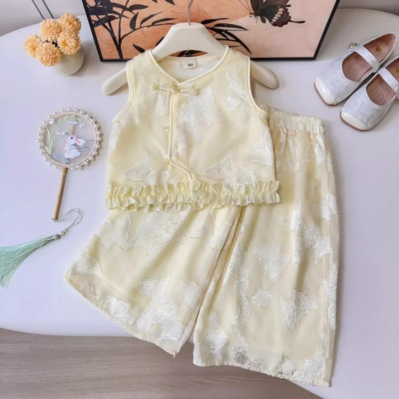 

New Chinese-style jacquard outfit for girls, sleeveless vest top and wide-leg pants two-piece set for baby girls