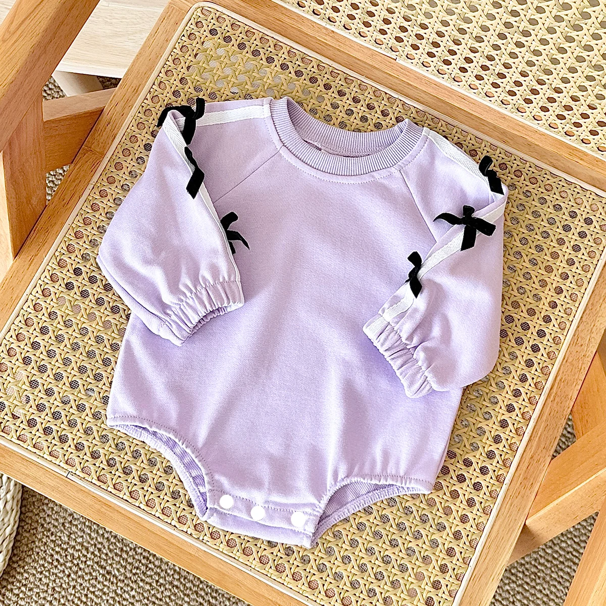 Baby Girls Raglan Sleeve Bow Decor Long Sleeve Bodysuit Side Stripe Infant Toddler Spring Autumn Cute Romper Clothes