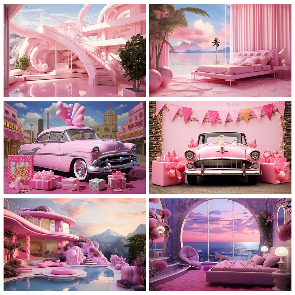 

Barbie Pink Bed House Princess Castle Balloon Amusement Park Photography Studio Photo Shoot Portrait Decorative Background Cloth