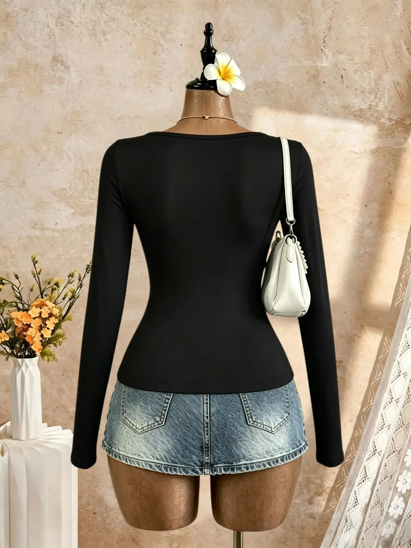 Women Square Neck Bow Front Single Breasted Ruffle Hem Bell Long Sleeve Top Slim Fit Y2K Sexy Xmas Party Casual Shirt