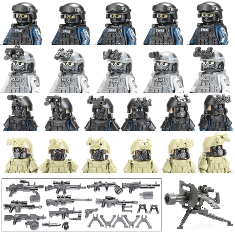 

Современные Военные строительные блоки Solider, полицейские фигурки, подарки, большое количество оружия, оружия, оборудования, рюкзак, мини-кирпичи, игрушки для детей