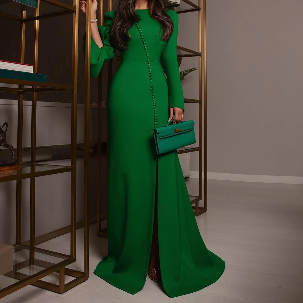 

Customized A-line Evening Dresses Floor-length O-neck Full Sleeve Prom Gown Fashion Button Simple Draped Casual Party Gown