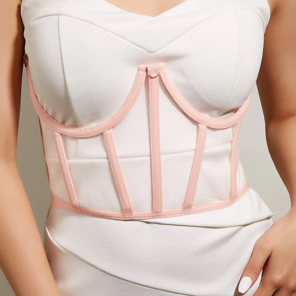 Simple Pearl Chain Mesh Cummerbunds Bustiers Tied Transparent Female Waistband Corset Tank Tops High Waist Wide Waist Belt Dress