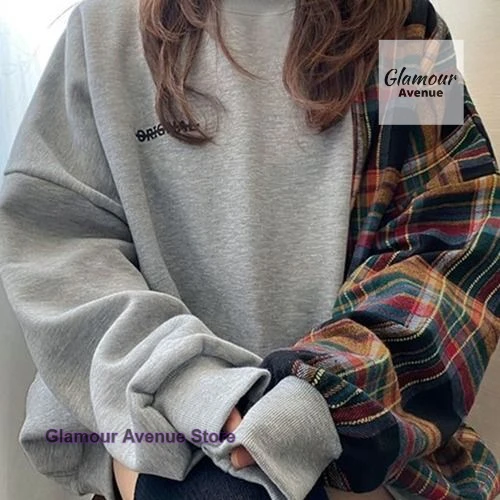 Korean style round neck plaid splicing letter printing pullover sweater women's spring and autumn loose fashion design top