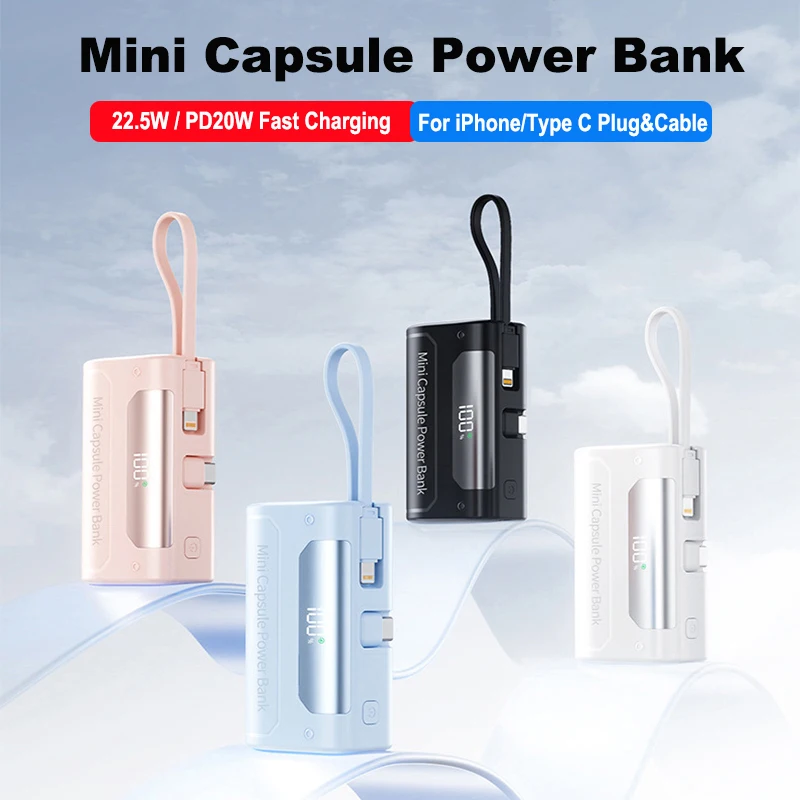 

Mini Capsule Power Bank 10000mAh Portable 22.5W Fast Charging External Battery With Cable Plug For iPhone Samsung Xiaomi Huawei