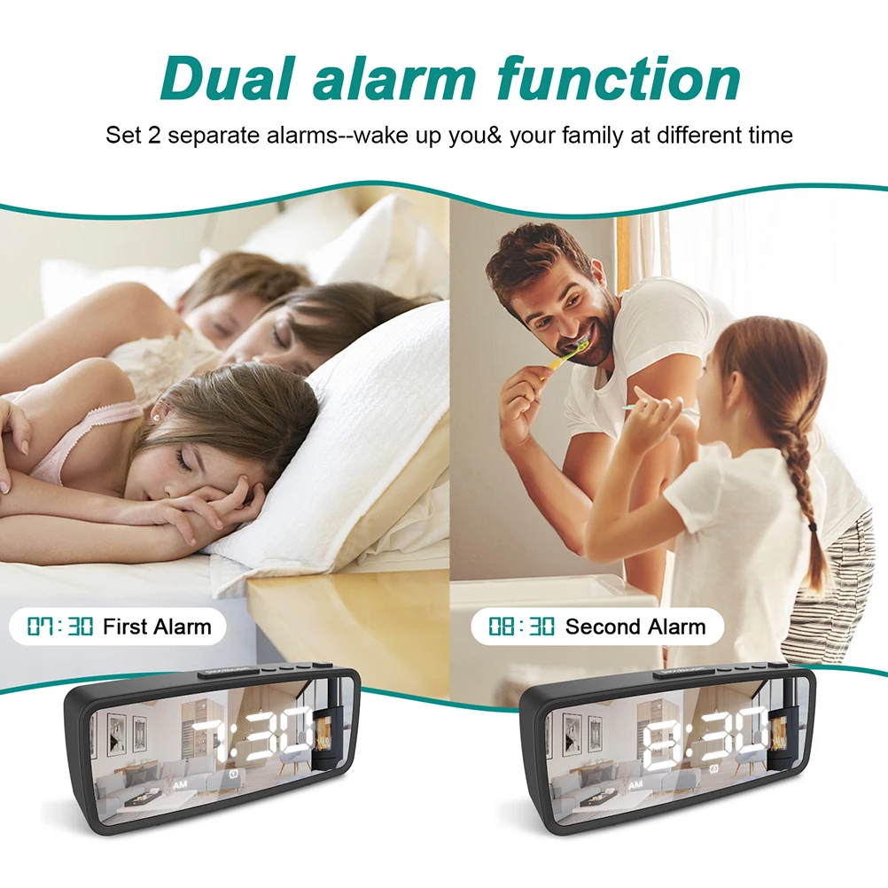 

Digital Alarm Clock LED Mirror Surface Silent Desktop Electronic Home Clock Clear ABS Material Stable Base Multi purpose