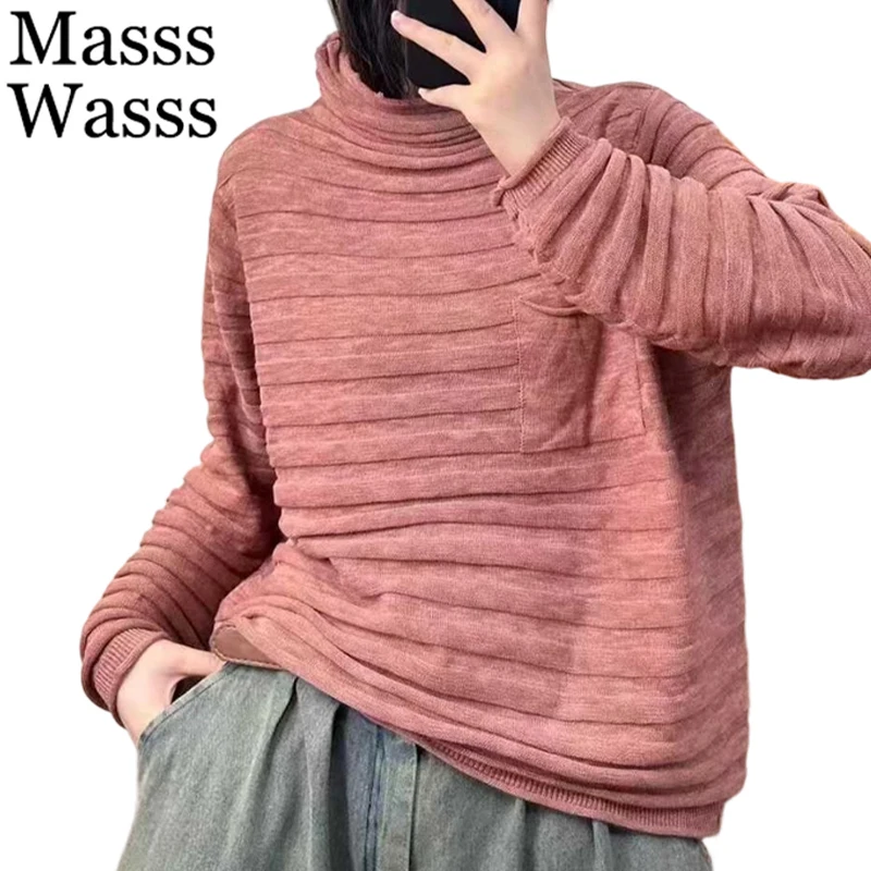 

Masss Wasss British Winter Fashion Striped Pullover Womens Loose Warm Turtleneck Sweaters Ladies Leisure Solid Knitted Jumpers