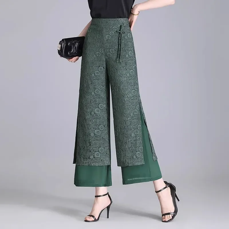 Chinese Style Floral Embossed Split Wide-Leg Pants Women's High Waist Ice Silk Breathable Casual Summer Nine-Point Trousers