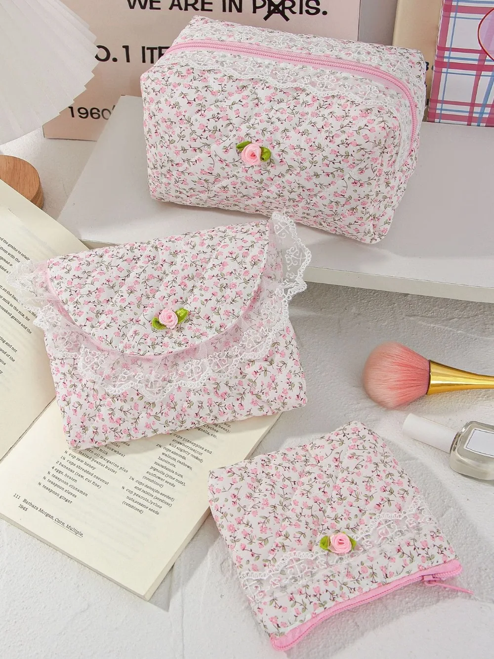 المرأة الدانتيل زهرة طباعة حقيبة مستحضرات التجميل سعة كبيرة ماكياج المنظم السفر حقيبة أدوات الزينة حقيبة التخزين طالب سستة مقلمة #4