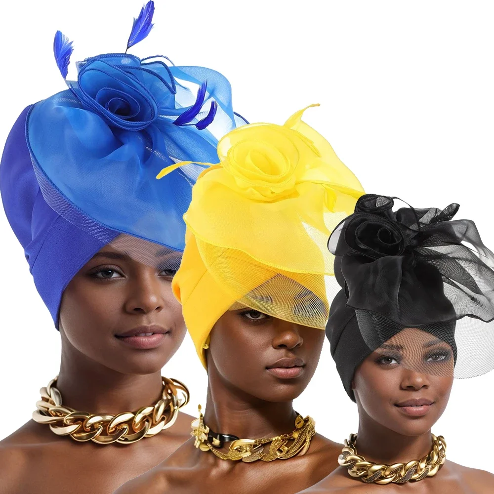 

Flower Turban Cap Nigeria Wedding Party Headties Female Head Wrap Already Made Auto Gele African Auto Gele Women Bonnet Hijab