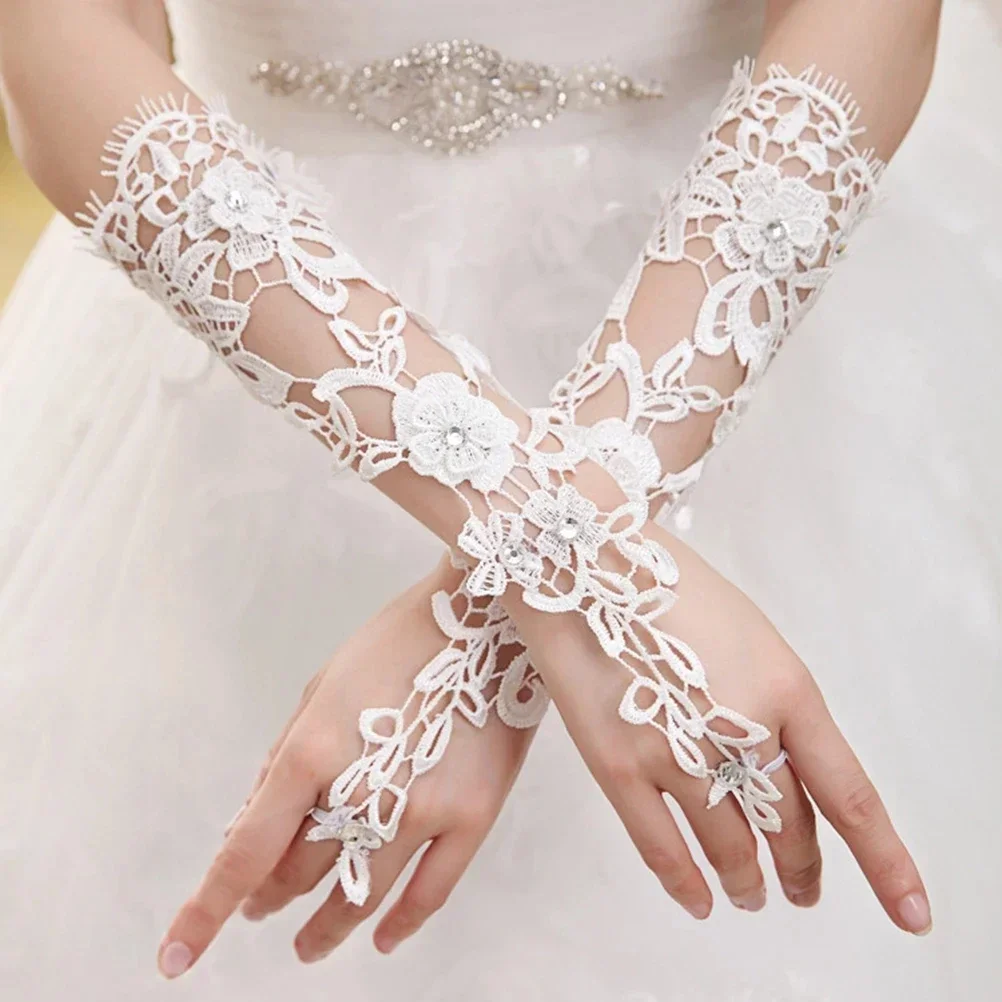 Luvas de noiva de renda longa senhora formal banquete luvas para noiva festa à noite branco guantes novia