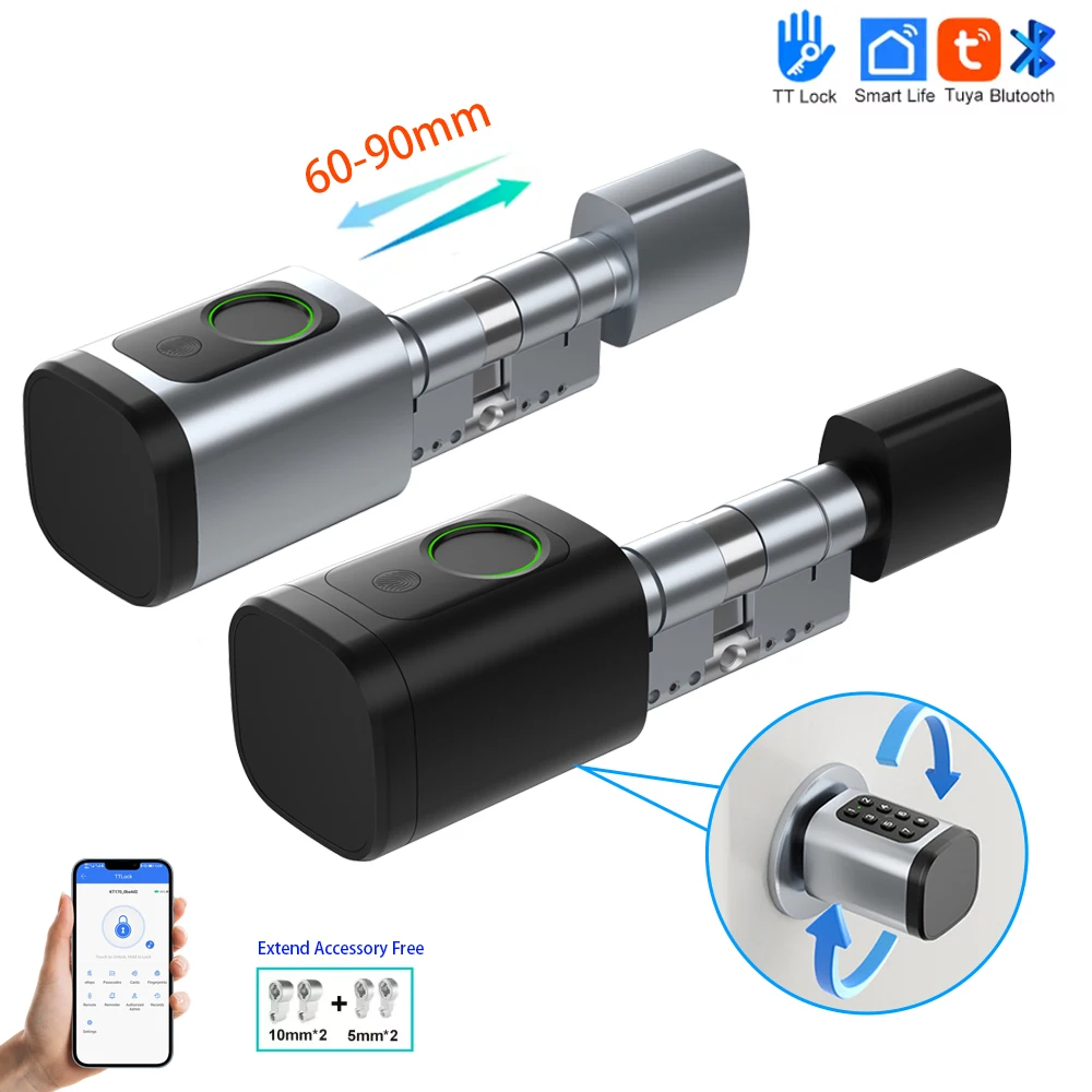 

TTLock/Tuya Bluetooth Smart Цифровой цилиндрический замок с отпечатками пальцев с приложением/паролем/RFID-картой/разблокировкой ключа V1 Регулируемая длина