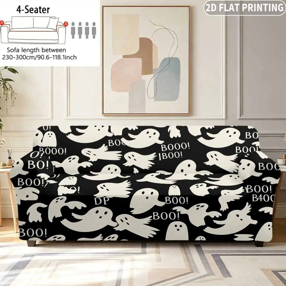 1pc Elastic Sofa Cover White Ghosts And Boo Text On Black Background,  Single/Double/Three/Four-Person/Sleeper Sofa Halloween
