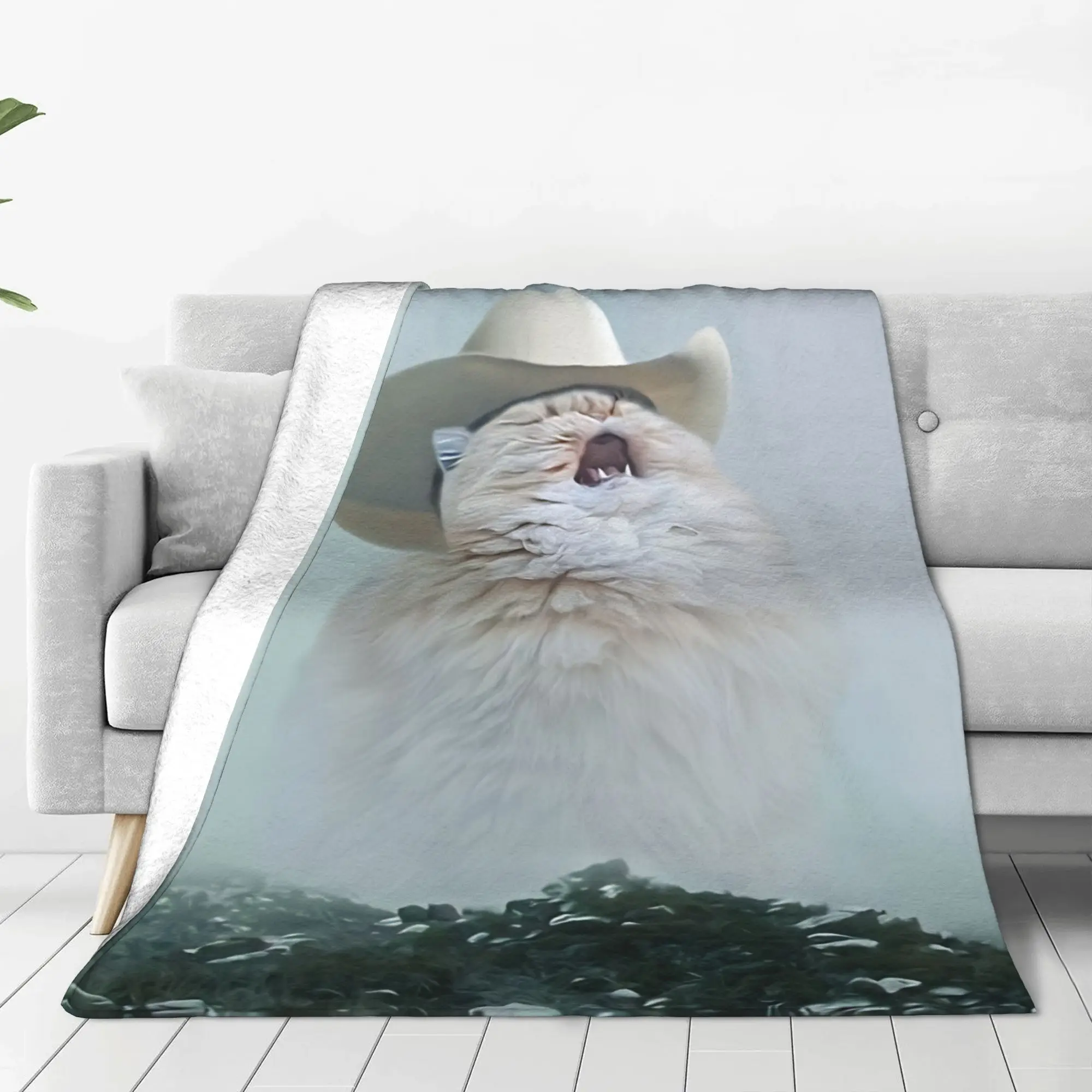 1PC Home Cute Room Decor Cowboy Cat Blanket Throw Blanket Cat meme Novelty Warm Blanket All Season