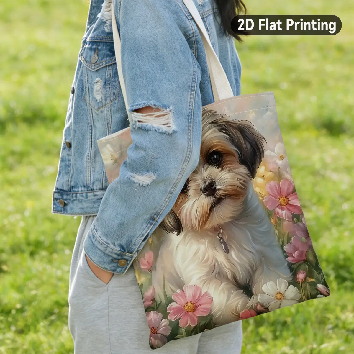2D Flat 1pc Cute Watercolor Fluffy Puppy in Flowers Reusable Tote Bag, Duplex Prints Adorable Dog Surrounded by Pink White Bloom