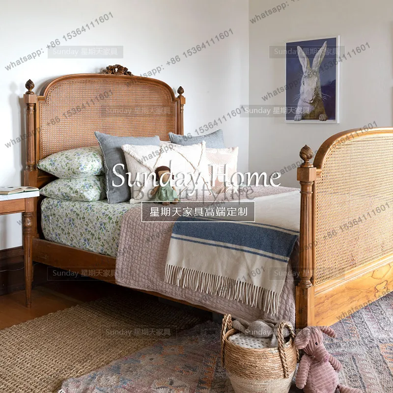 

American retro solid wood rattan bed French light luxury rural double bed 1.8 meters master bed
