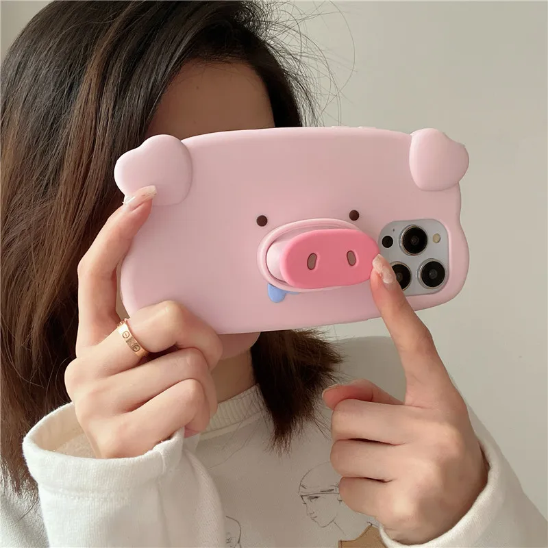 

3D Pig Nose Folding Holder Case For Iphone 15 14 13 12 11 Pro XS Max 6 7 8 Plus XR Kid Shockproof Pink Soft Silicone Phone Cover