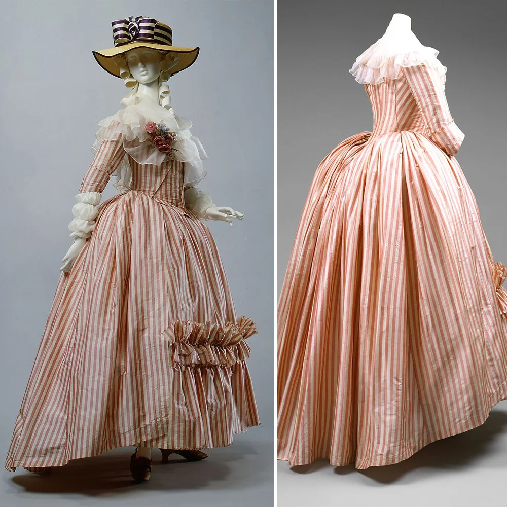 Pink Stripes 1790s French Costume 18th Century Robe A La Francaise Rococo Marie Antoinette Redingote Duchess Dress Ball Gown