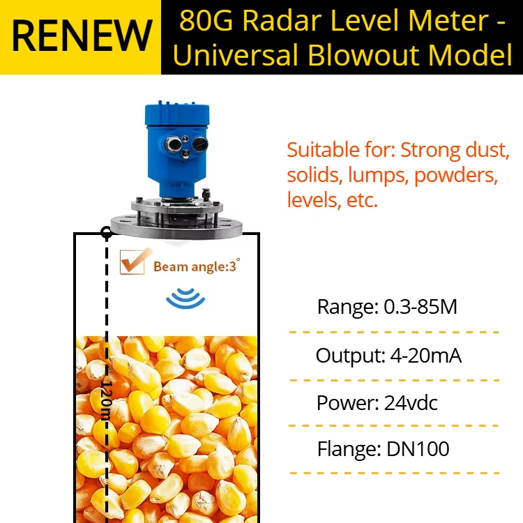 80GHz High Frequency Radar Level Transmitter Solid Grain Dust Radar Level Meter DN100 Radar Tank Level Sensor