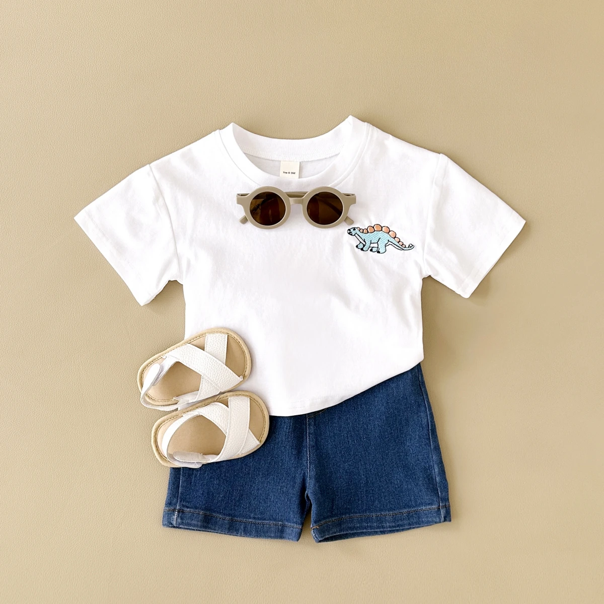 2024 Summer Boys Clothes Boys Girls Outfit Set Casual Leisure Dinosaur Embroidered T-shirt+denim Shorts 2PCS for 0-3Y Childrens