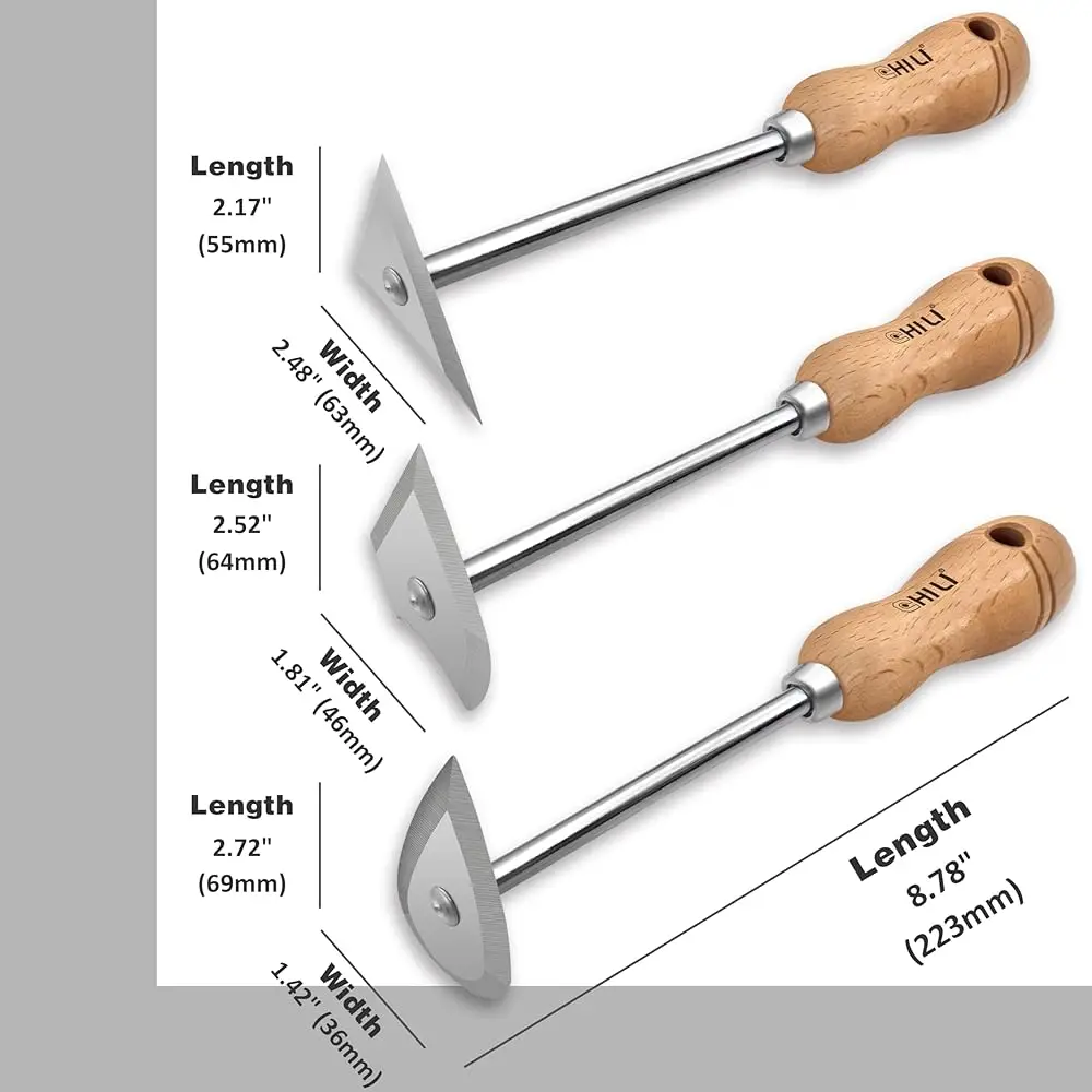 Tools 3Pc. Stainl Steel Shave Hook Scraper Set With Wooden Handle, 8-3/4"" Length, Made In Taiwan