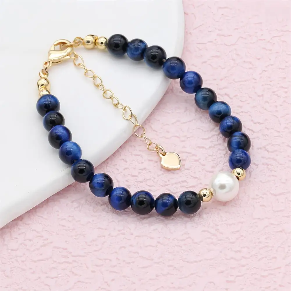 6MM Blue Tiger Eye Stone Pearls Strand Bracelets Gold Plated Bohemian Beaded Charm Bracelet Handmade Women Fashion Jewelry