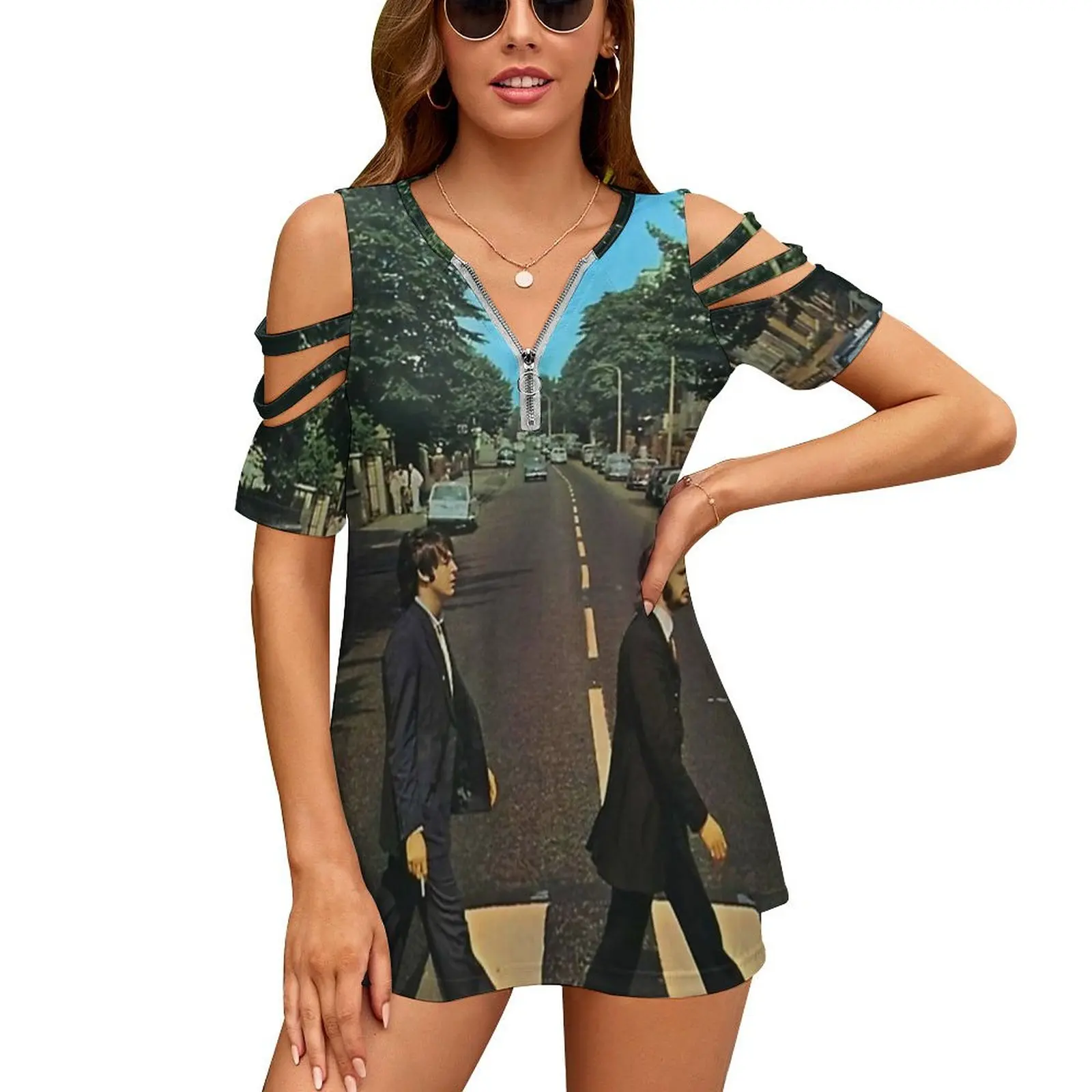 Music Abbey Rock Road The Beetles Women's T-Shirt Summer Fashion Print Floral V-Neck Zipper Tshirt Hollow Pullover Ladies Top