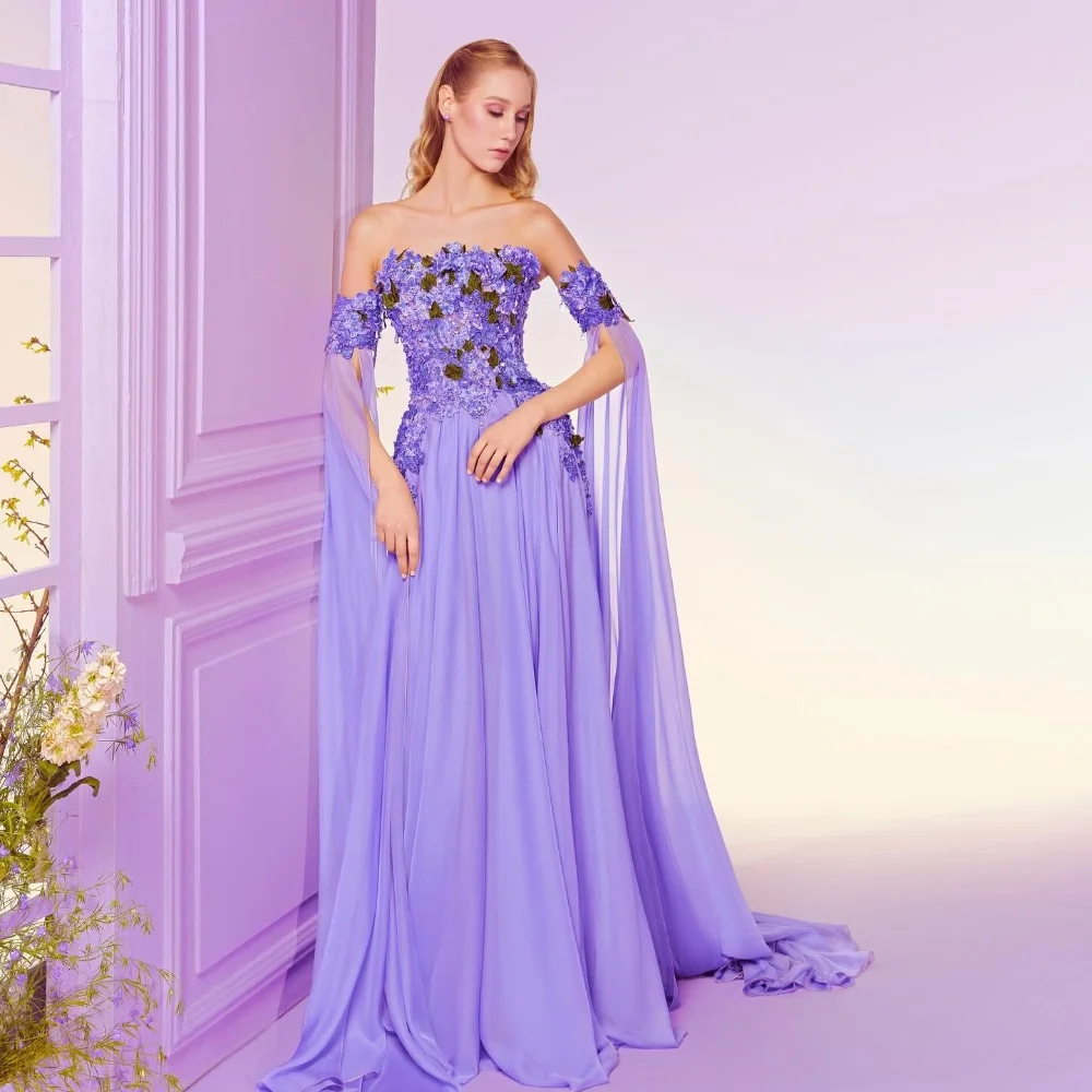 

Chiffon Draped Pleat Applique Graduation A-line Off-the-shoulder Bespoke Occasion Gown Long Dresses