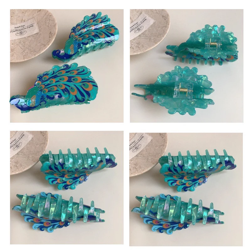 مشبك شعر أنيق على شكل طاووس، مشبك كعكة القرش الخلفي المألوف، مشبك ذيل مضاد للانزلاق، إكسسوارات شعر شعبية #3