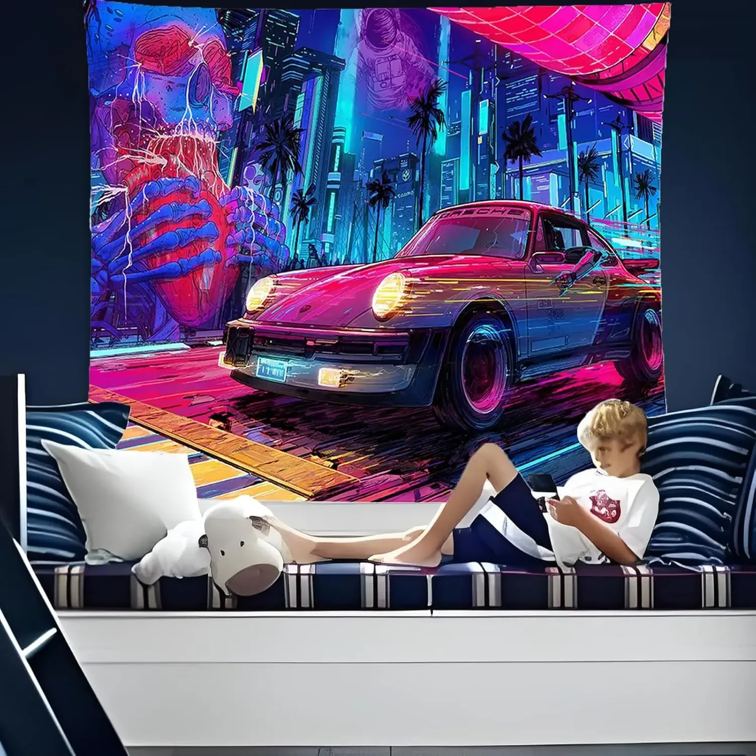 Punk Tapestry, Futuristic City and Cool Astronaut Wall Hanging, Anime Decoration for Dormitory Living Room 70X100CM