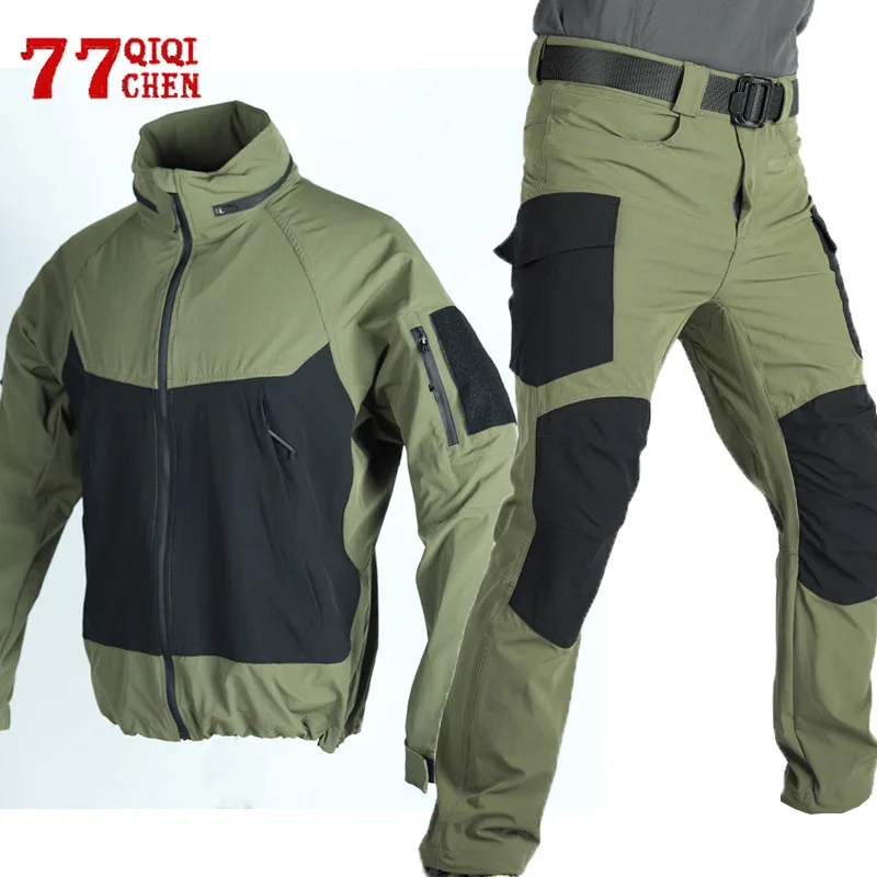 

Outdoor Men's Sets Spring Autumn Waterproof Lightweight Soft Shell Set Windproof Hooded Thin Jacket Multi Pocket Cargo Pants New